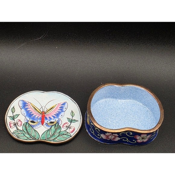 Vintage Butterfly Trinket Keepsake Box Cobalt Blue Enamel Cloisonne Storage - Picture 6 of 14